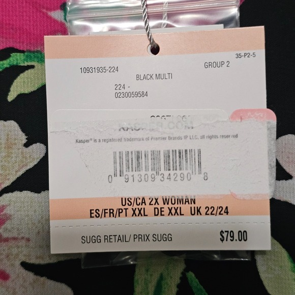 Kasper Woman Top Blouse 2X Black Floral Pink Pullover Crew Flutter Sleeves 0767 - Picture 7 of 13